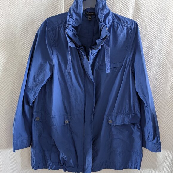 Eileen Fisher Royal Blue Rain Jacket High Collar Nylon Windbreaker Medium - Picture 1 of 7
